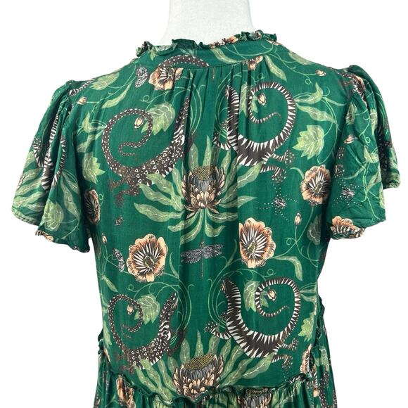 Anthropologie Green Victoria Garcia Floral Flutter Sleeve Tiered Dress SP Gecko - Picture 10 of 14